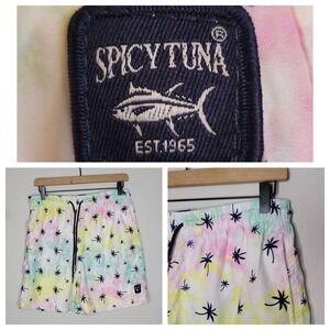 SPICY TUNA Men's Swim Trunks Palm Tree‎ Tie Dye Elastic Waist Drawstring Medium